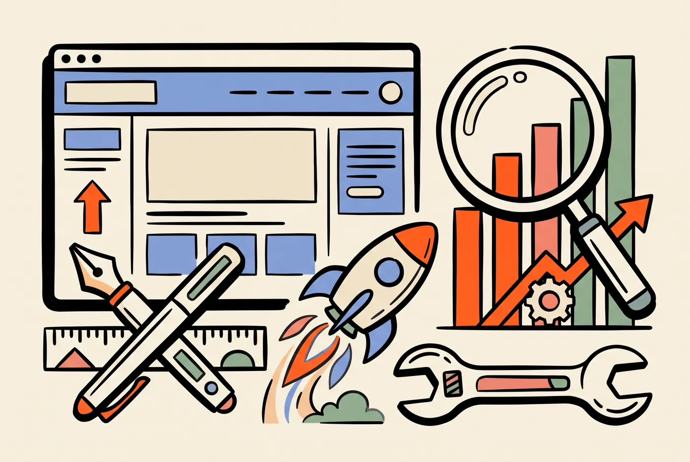 Illustration of web-craft tools: a browser layout, an SEO magnifier over a rising chart, design pen and ruler, a launching rocket and a wrench