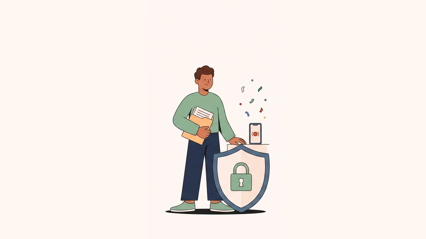 A person holding a folder of documents next to a shield with a padlock, representing privacy and liability protection
