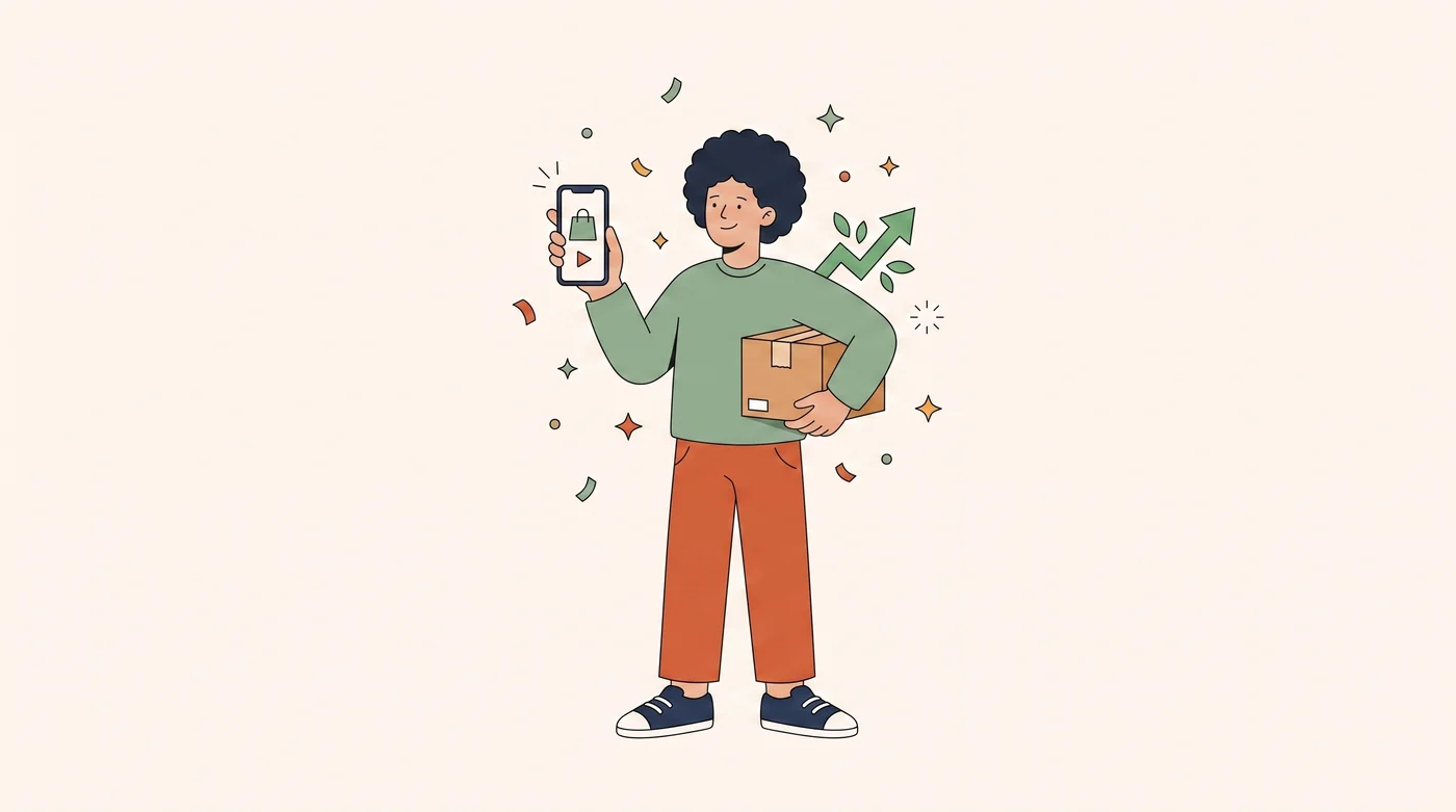 A seller holding a phone showing a shop icon next to a shipping box and a growth arrow