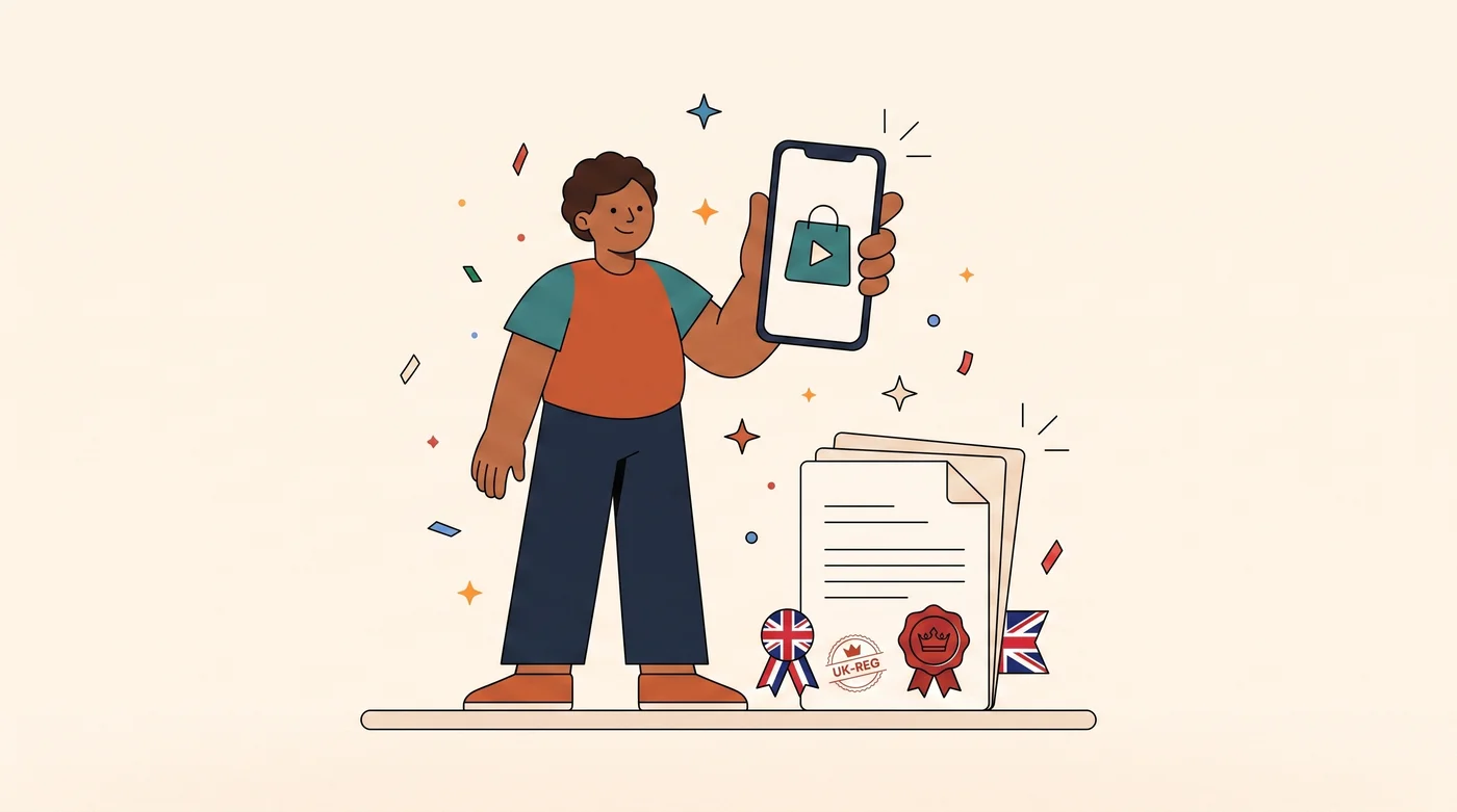 A seller holding a phone showing a shop icon next to UK company registration paperwork